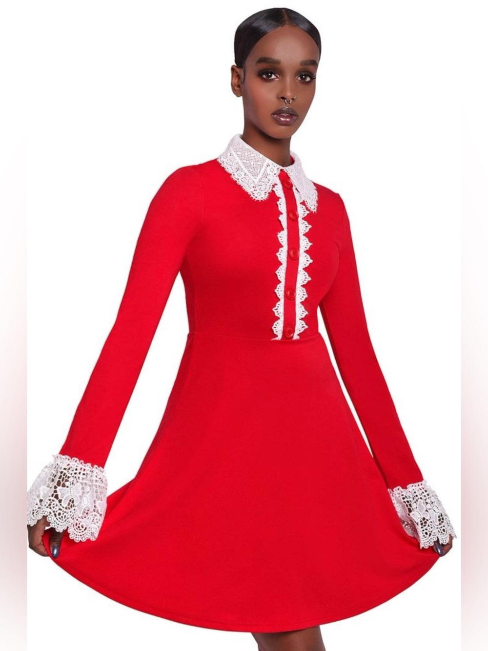 Killstar Blessed Be Blood Red Sabrina Dress with Lace Like Collar & Cuffs Large - Picture 2 of 6